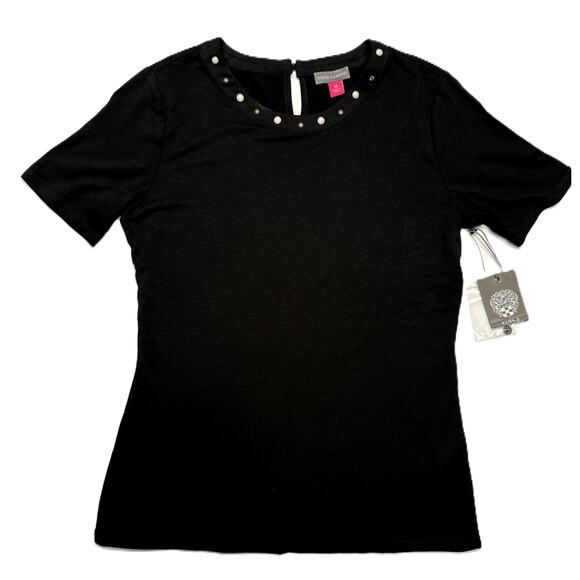 Vince Camuto black knit short sleeve top with sequin accents, Embellished Neck - Picture 1 of 9